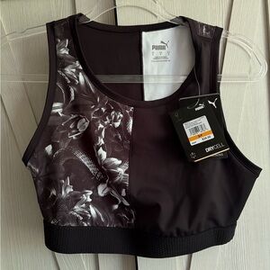 PUMA Women's Black Floral-Panel Sports Bra/Top- DryCELL